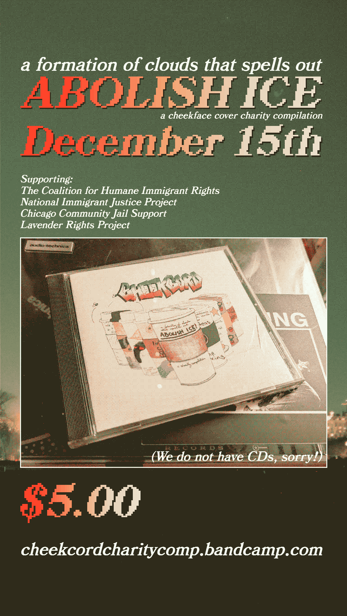 a formation of clouds that spells out ABOLISH ICE December 15th digital poster.